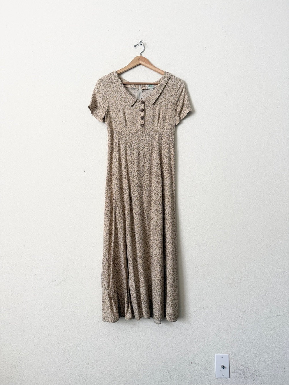 Vintage Shok MEDIUM beige floral print short sleeve midi dress